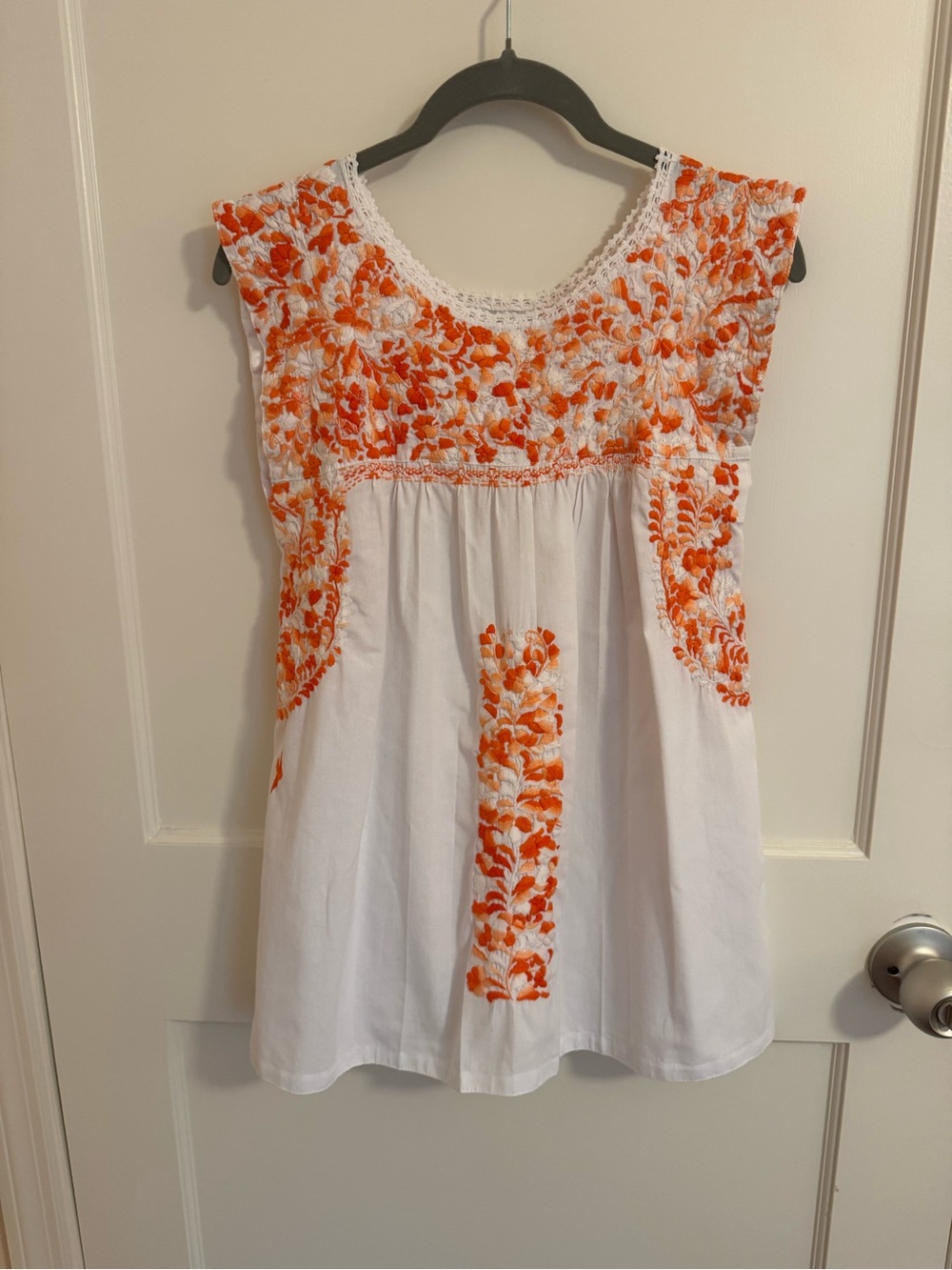 Mi Golondrina White Blouse with Orange Floral Embroidery